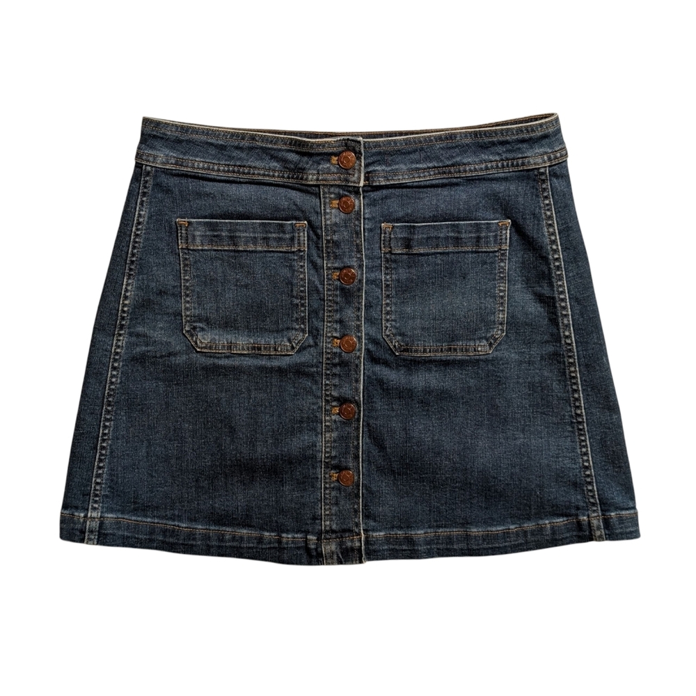 Madewell Button-Front Denim Mini Skirt Dark Wash | Sz 8 | Stretch A-Line Summer - Picture 1 of 10